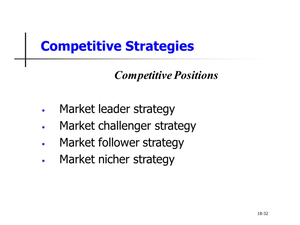 Competitive Strategies Competitive Positions Market leader strategy Market challenger strategy Market follower strategy Market